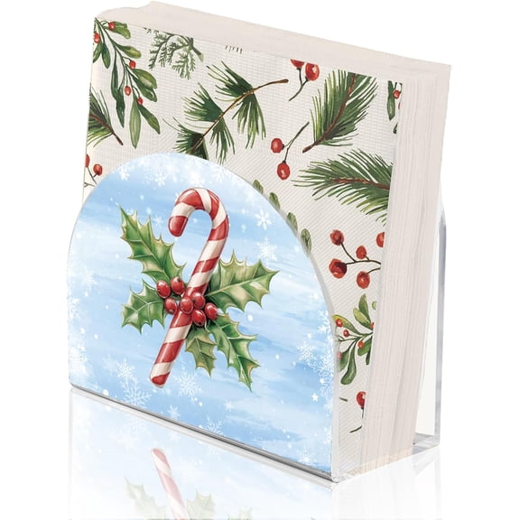 Christmas Holly Napkin Holder for Tables Candy Canes Holidays Acrylic Tissue Organizer Paper Cocktail Stand for Kitchen Serviette