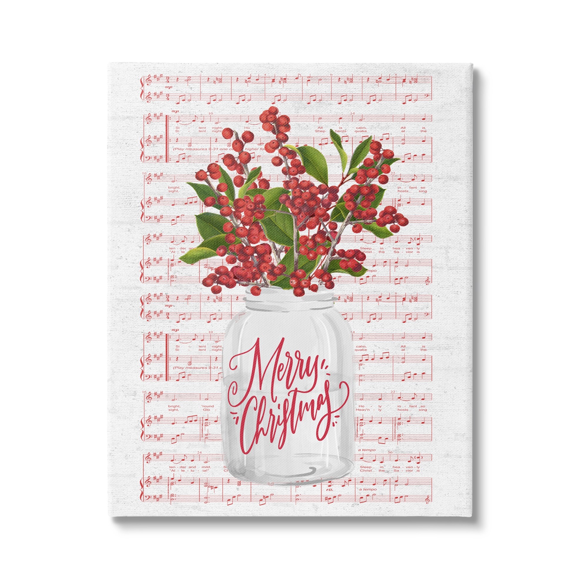 Christmas Holly Plant Music Sheet Notes Background Botanical & Floral Graphic Art Gallery-Wrapped Canvas Print Wall Art