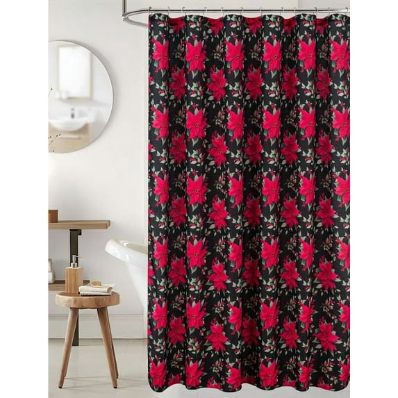 Christmas Holly Poinsettia Textured Shower Curtain