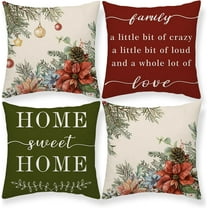 Christmas Holly Red Berries Poinsettia Throw Pillow Covers Home Sweet Home 18 x 18 Inch Xmas Winter Holiday Cushion Case Decoration for Sofa Couch Set of 4