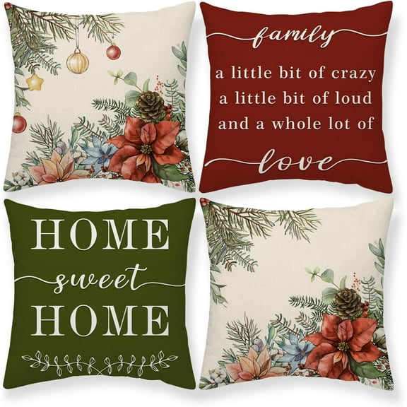 Christmas Holly Red Berries Poinsettia Throw Pillow Covers Home Sweet Home 18 x 18 Inch Xmas Winter Holiday Cushion Case Decoration for Sofa Couch Set of 4