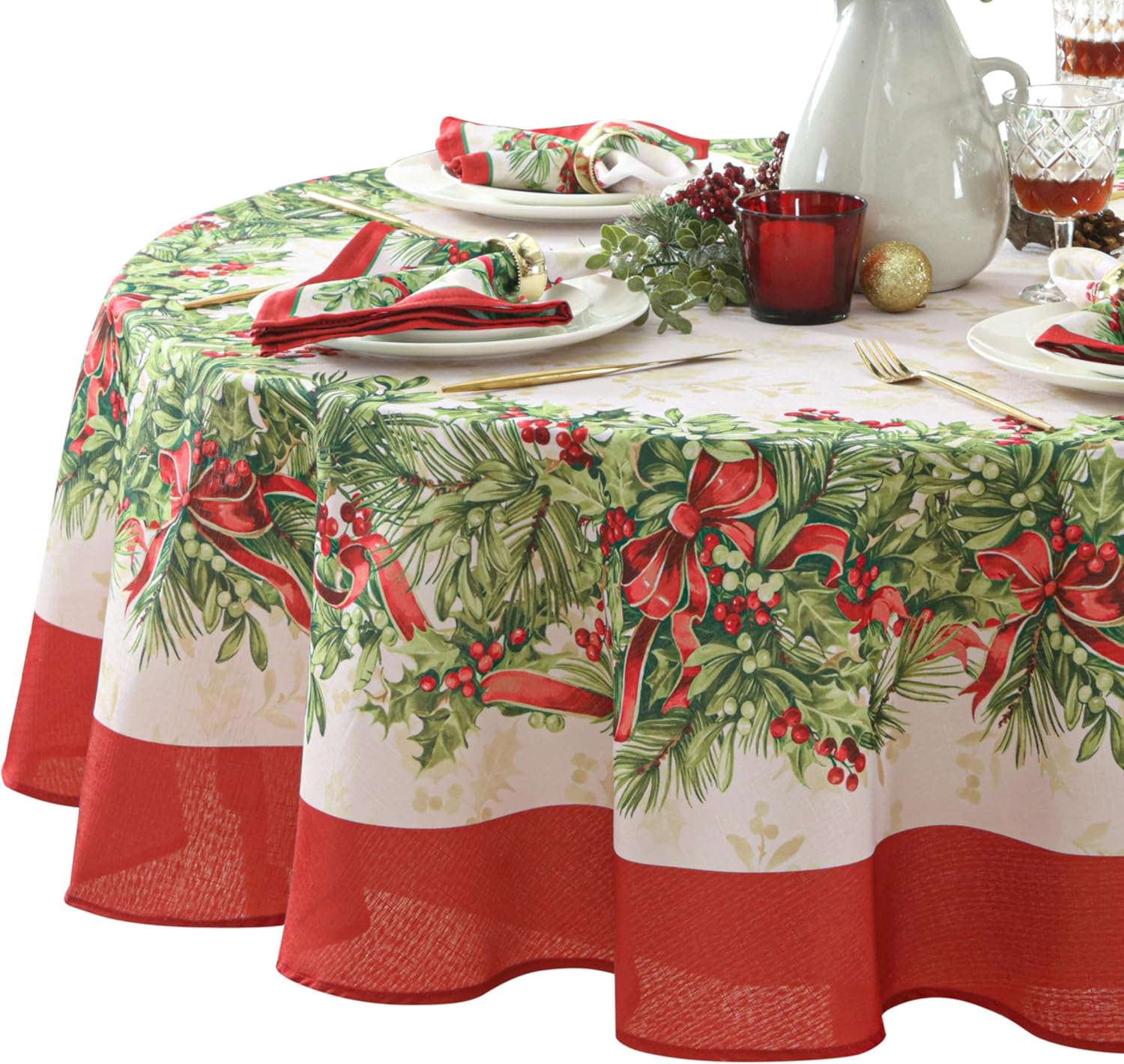 Christmas Holly Ribbon Traditions Bordered 70 Inch Round Fabric ...