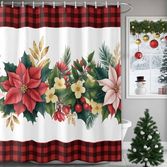 Christmas Holly Shower Curtains for Bathroom, Leaf Poinsettia Floral Linen Red Plaid Waterproof Fabric Shower Curtain for Bathroom Bathtub Decoration, Machine Washable, 60"x72"