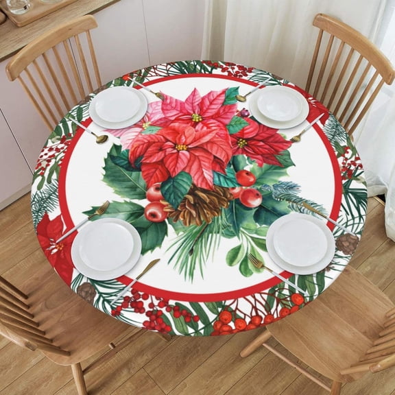Christmas Holly Tablecloths Round Tablecloth Fitted Elastic Table Cover Washable for Kitchen Dining Picnic Party Fit T able 45-50