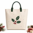 thumbnail image 1 of Christmas Holly Tote Bag for Women, Cream Holiday Handbag with Green Handles, Large Festive Everyday Carry Bag with Spacious Interior, 1 of 6