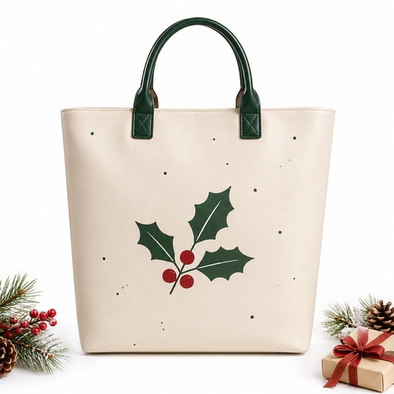 Christmas Holly Tote Bag for Women, Cream Holiday Handbag with Green Handles, Large Festive Everyday Carry Bag with Spacious Interior