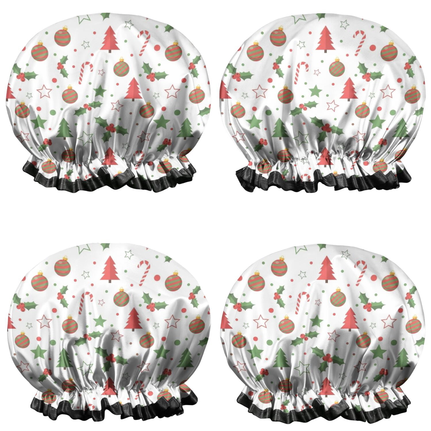 Christmas Holly Tree Candy Cane Pattern 4 Pack Waterproof Shower Caps ...