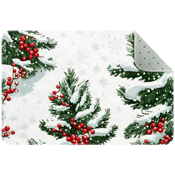 Christmas Holly Twigs with Red Berries Green Fir Trees Small Area Rug, Non-Slip Door Mat Indoor Floor Mat, Washable Kitchen Rug Entrance DMat for Bedroom Living Room