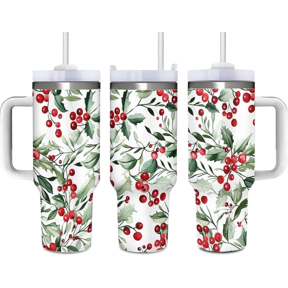 Christmas Holly Vacuum Insulated Travel Tumbler 40oz (1200 ml), Red Berry Car Coffee Cup Stainless Steel Mug with Handle Straw for Birthday Party Gift (Print in USA)