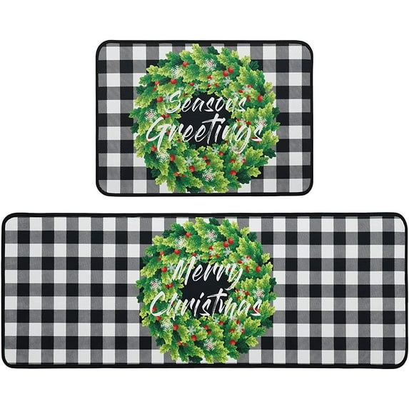 Christmas Holly Wreath Kitchen Rug Set,Buffalo Plaid Merry Christmas Xmas Winter Holiday Runner Rugs with Rubber Backing,Throw Rugs Washable for Kitchen Sink,Laundry Room,Standing Desk,Indoor