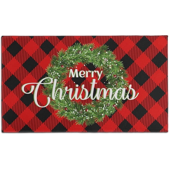 Christmas Holly Wreath Kitchen Rug Set,Buffalo Plaid Merry Christmas Xmas Winter Holiday Runner Rugs with Rubber Backing,Throw Rugs Washable for Kitchen Sink,Laundry Room,Standing Desk,Indoor