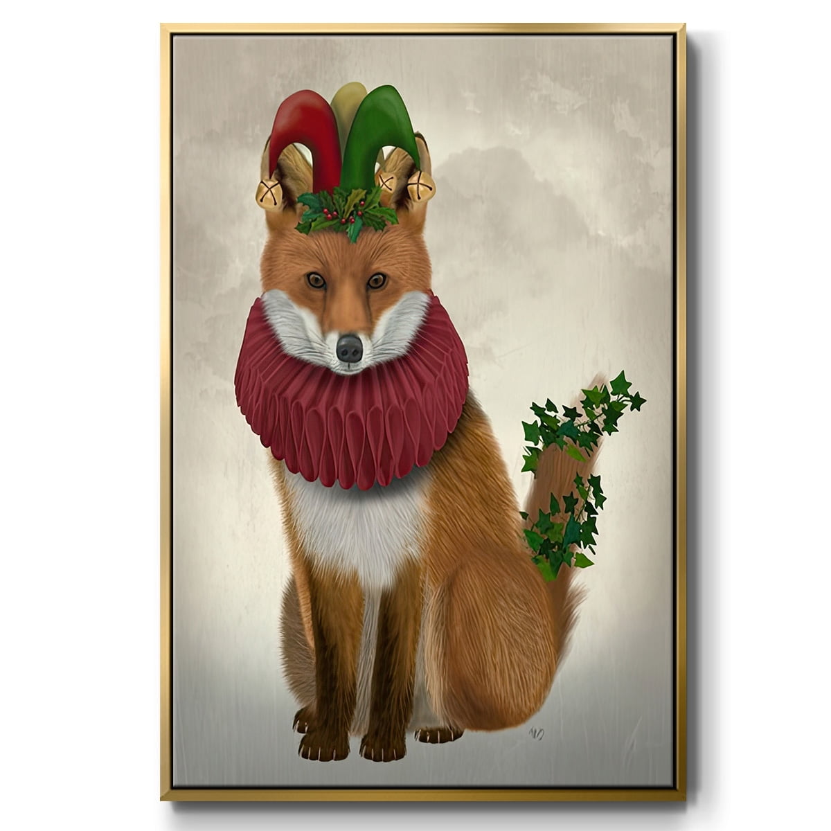 Christmas Holly and Ivy Fox - Framed Gallery Wrapped Holiday Canvas - 17 x 25 - Gold Frame