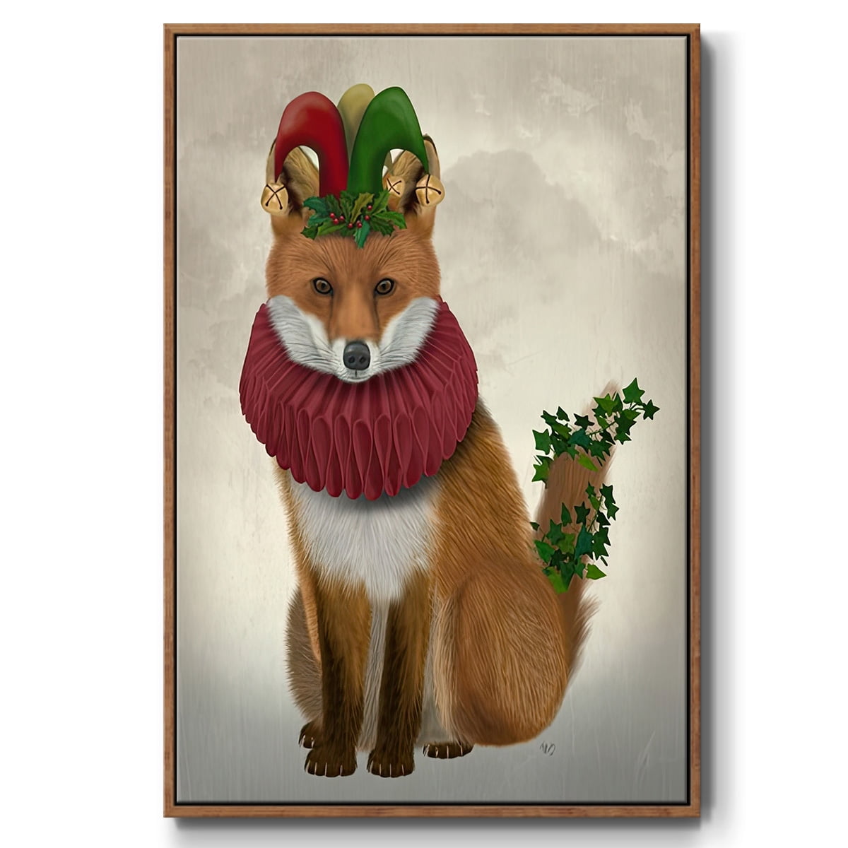 Christmas Holly and Ivy Fox - Framed Gallery Wrapped Holiday Canvas - 17 x 25 - Rosewood Frame