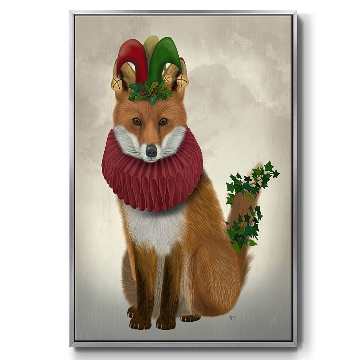 Christmas Holly and Ivy Fox - Framed Gallery Wrapped Holiday Canvas - 17 x 25 - Silver Frame