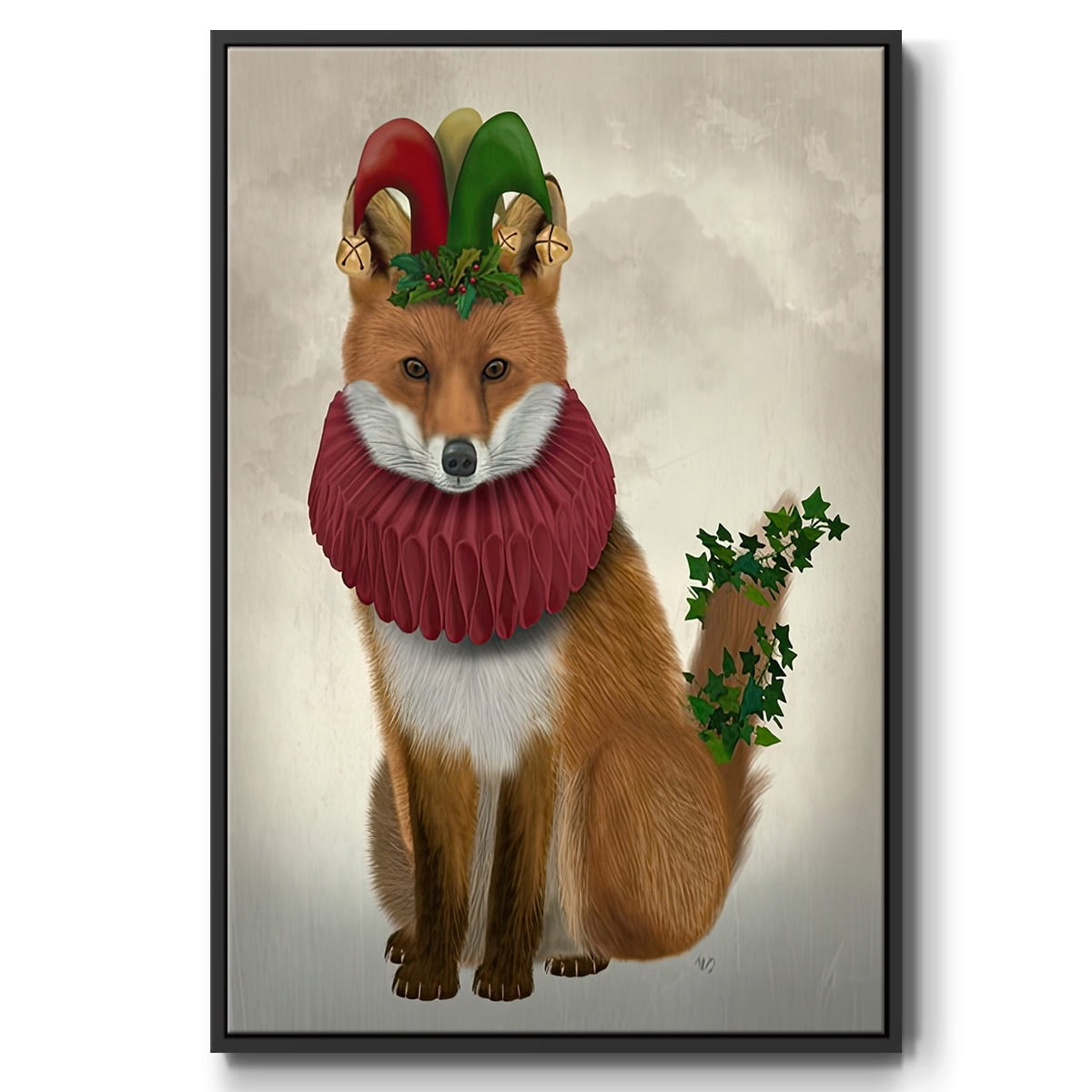 Christmas Holly and Ivy Fox - Framed Gallery Wrapped Holiday Canvas - 27 x 41 - Black Frame