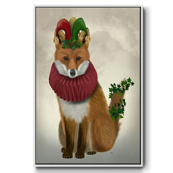 Christmas Holly and Ivy Fox - Framed Gallery Wrapped Holiday Canvas - 27 x 41 - White Frame