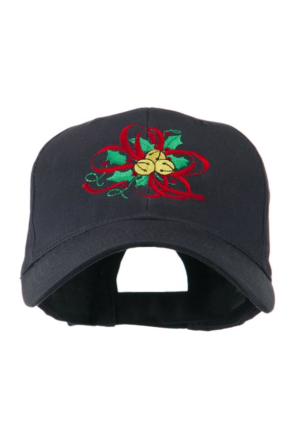 Christmas Holly with Bells Embroidered Cap - Navy OSFM