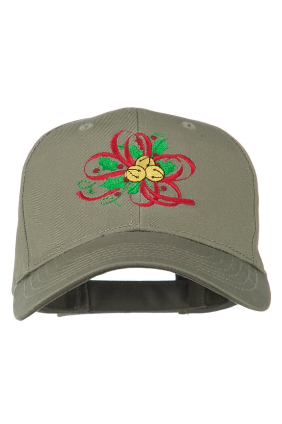 Christmas Holly with Bells Embroidered Cap - Olive OSFM