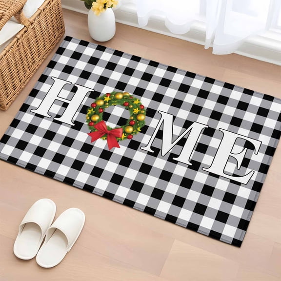 Christmas Home Bathroom Rug Washable 2x3 Entryway Rug Non Slip Winter Xmas Black White Buffalo Plaid Front Door Mat Low Pile Indoor Doormat Throw Floor Carpet for Kitchen Bedroom Entrance