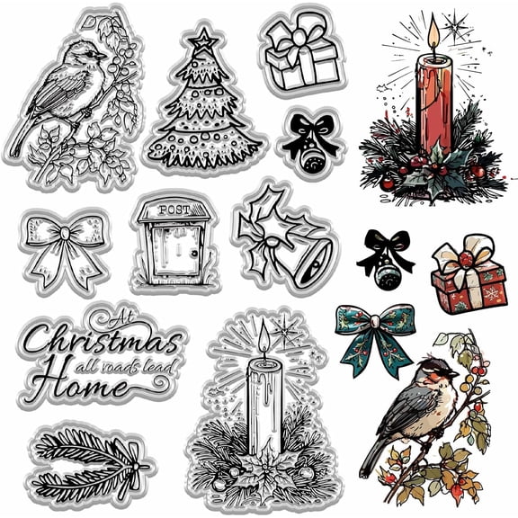 Christmas Home Clear Rubber Stamp Bell Candle Gift Box Reusable Transparent Silicone Seal Stamp for Xmas Winter Decor DIY Craft Scrapbooking Journaling Card Making Supplies 925 Sterling Silver Plated