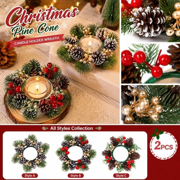 Christmas Home Decor, Dining Table Centerpiece Decor, Christmas Wreath, Indoor Christmas Decorations, 2 Pack 8X8 Inch Frosted Pine Cone Red Gold Berries Candle Stick Holder