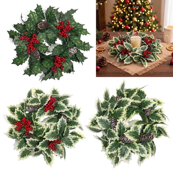 Christmas Home Decor Simulated Holly Wreath Red Fruit Christmas Candle Holders Wreath Christmas Showcase Cabinet Decoration Ornaments