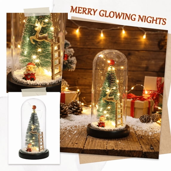 Christmas Home Decor with Glass Cloche, Warm Night Light for Bedside Table, Gold Christmas Ornaments