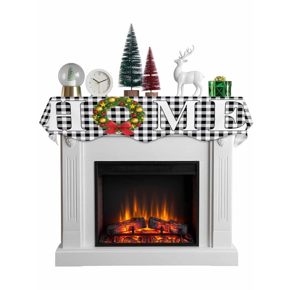 Christmas Home Mantel Scarf Fireplace Decorations for Living Room, Winter Xmas Black White Buffalo Plaid Fireplace Mantel Scarf Cover Runner for Halloween/Thanksgiving/Christmas Decor 90"x17"