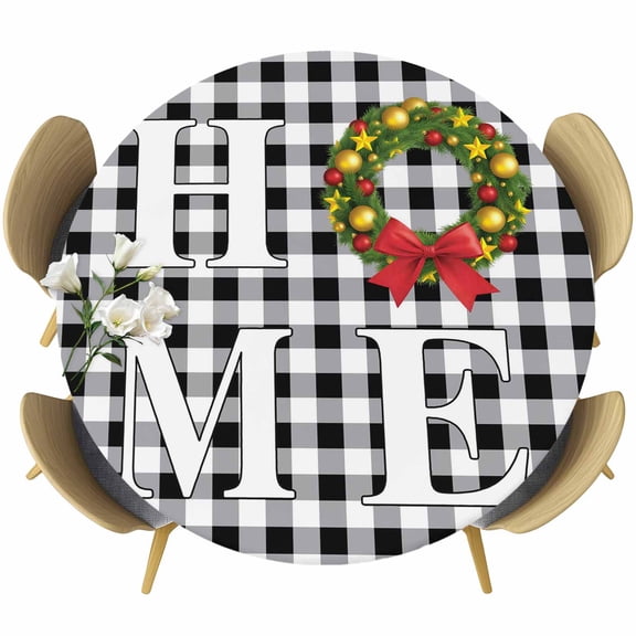 Christmas Home Table Cloth, Round Fitted Tablecloths with Elastic Edge, Winter Xmas Black White Buffalo Plaid Wipeable Waterproof Table Cover for Kitchen Wedding 55-60 Inches