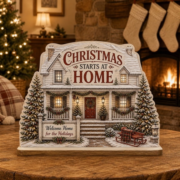Christmas Homecoming Winter Wooden Block for Holiday Tabletop Decor