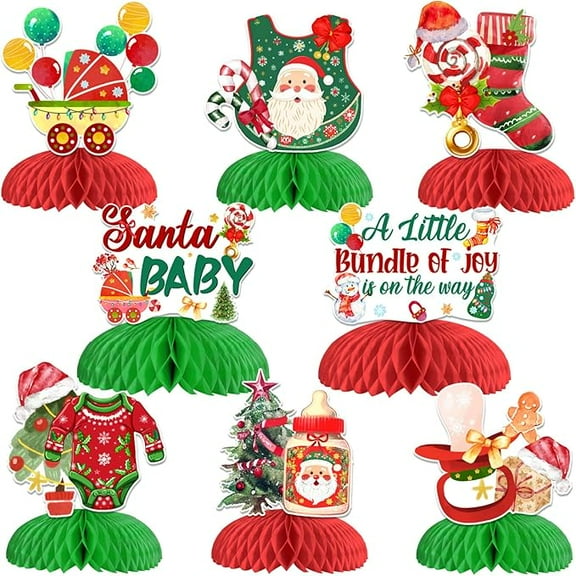 Christmas Honeycomb Centerpieces, 8Pcs Christmas Baby Shower Decorations for Table, Santa Baby A Little Bundle of Joy Is On The Way Girl Boy Honeycomb for Xmas Party Decorations Indoor