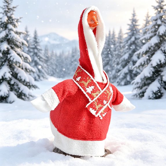 Christmas Hooded Porch Goose Outfit for 23" Goose - Red Hooded Robe & Scarf with White Christmas Tree Gold Reindeer Print - Christmas Winter Goose Clothes for Yard Garden Patio Decor - Akmoler