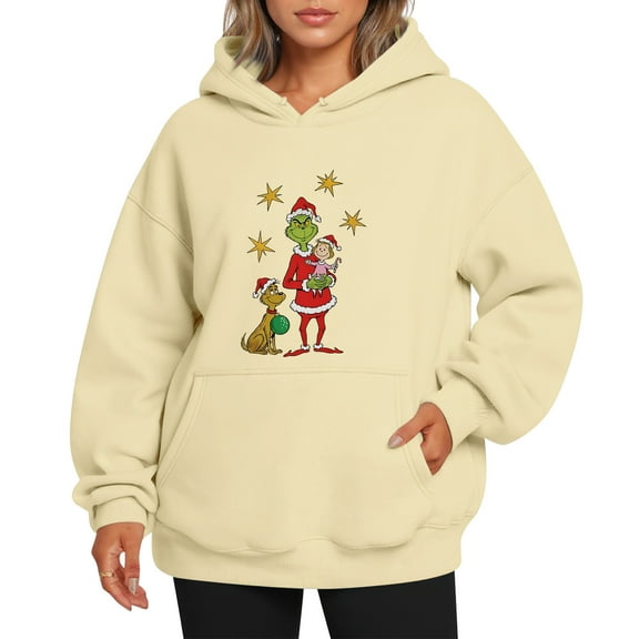 Christmas Hooded Sweatshirt Long Sleeve Christmas Tree Graphic Funny Cute Xmas Crewneck Hoodie Beige XXL