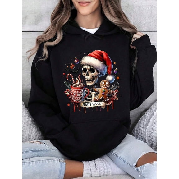 Christmas Hoodie Black Red Bow Print Women's Casual Sweatshirt For Holiday Party And Winter Wear