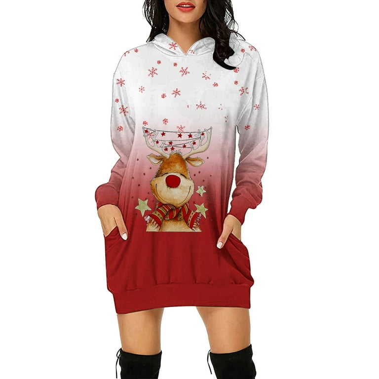 Christmas Hoodie Dress for Women Ugly Christmas Sweater Dress Funny Reindeer Santa Graphic Casual Pullover with Pocket Womens Clothing Cheap Clearance Sale Walmart