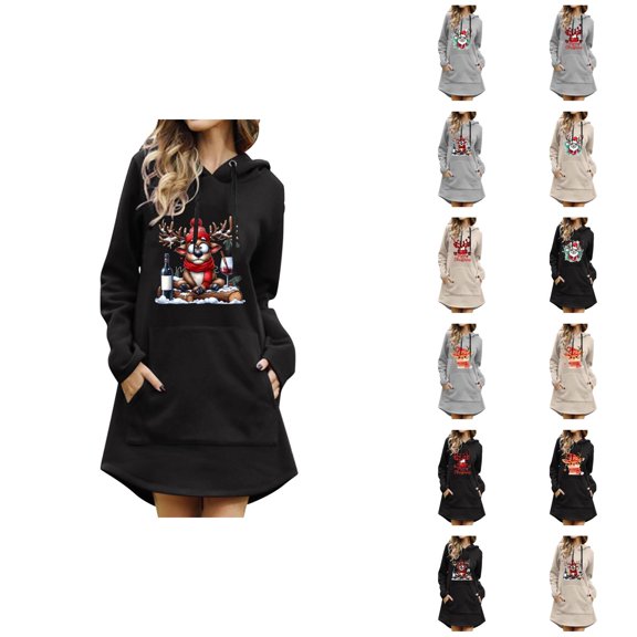 Christmas Hoodie Dress for Women 2025 Long Sleeve Holiday Graphic Hooded Sweatshirt with Pockets Pullover Top