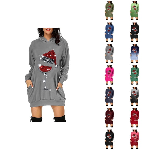 Christmas Hoodie Dress for Women 2025 Long Sleeve Wine Glass Graphic Hooded Sweatshirt with Pockets Pullover Tops