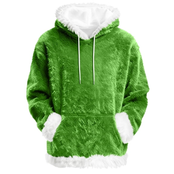 Christmas Hoodie Men Fuzzy Flannel Sherpa Solid Faux Fur Trim Sweatshirts Xmas Holiday Long Sleeve Warm Pullover Top 2025 Green M