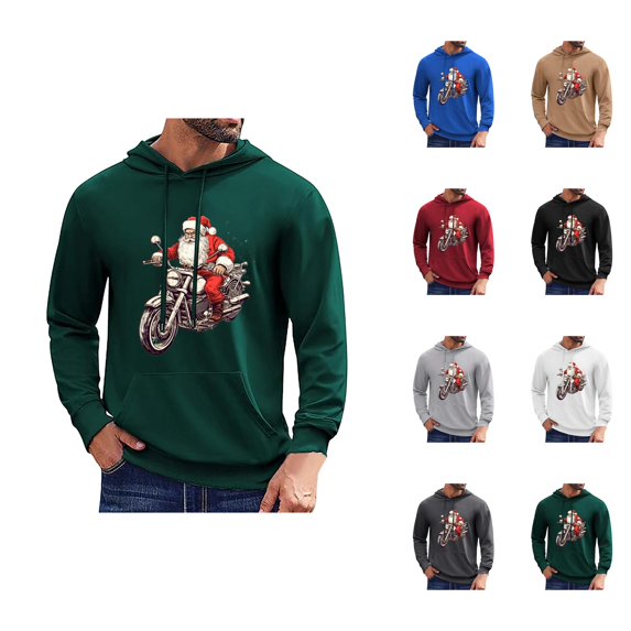 Christmas Hoodie Men Long Sleeve Loose Casual Funny Santa Claus Riding Motorcycle Graphic Sweatshirt Pullover with Pockets