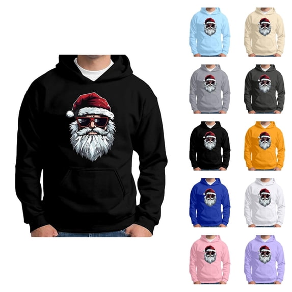 Christmas Hoodie Men Long Sleeve Loose Casual Santa Claus Graphic Hooded Sweatshirt Pullover with Pockets