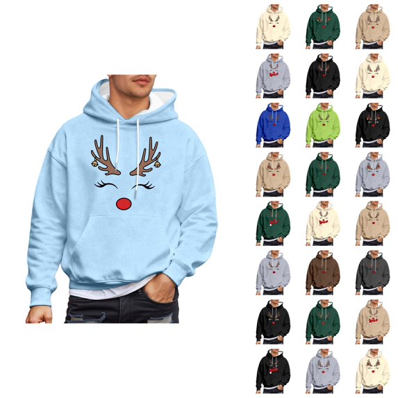 Christmas Hoodie Men Women Long Sleeve Loose Casual Funny Reindeer Face Graphic Hooded Sweatshirt with Pockets Pullover Tops