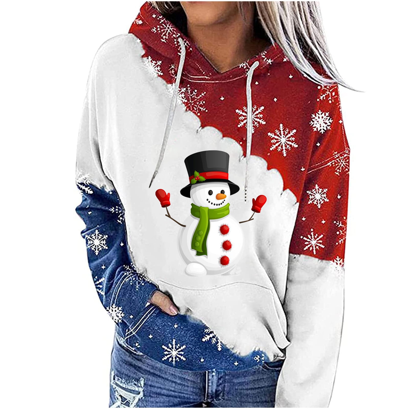 Christmas Hoodie Tops for Women Cute Snowman Print Pullover