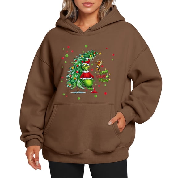 Christmas Hoodie Women Funny Christmas Tree Graphic Hoodie Brown Medium