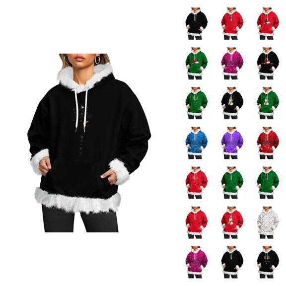 Christmas Hoodie for Women 2025 Long Sleeve Cute Graphic Trim Holiday Hooded Sweatshirt with Pockets Pullover Top