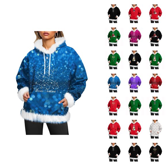 Christmas Hoodie for Women 2025 Long Sleeve Cute Graphic Trim Holiday Hooded Sweatshirt with Pockets Pullover Top