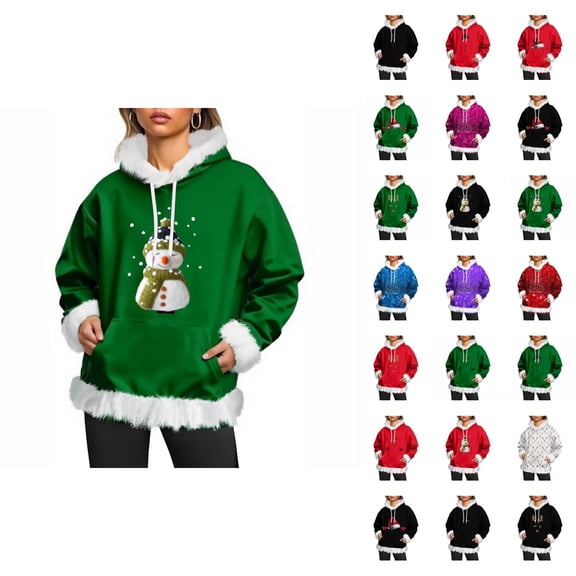 Christmas Hoodie for Women 2025 Long Sleeve Cute Graphic Trim Holiday Hooded Sweatshirt with Pockets Pullover Top
