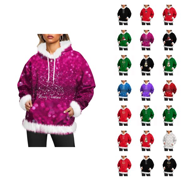 Christmas Hoodie for Women 2025 Long Sleeve Cute Graphic Trim Holiday Hooded Sweatshirt with Pockets Pullover Top