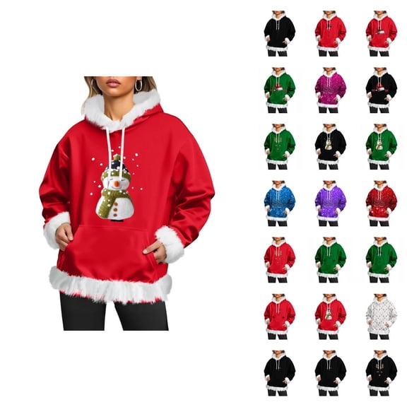 Christmas Hoodie for Women 2025 Long Sleeve Cute Graphic Trim Holiday Hooded Sweatshirt with Pockets Pullover Top