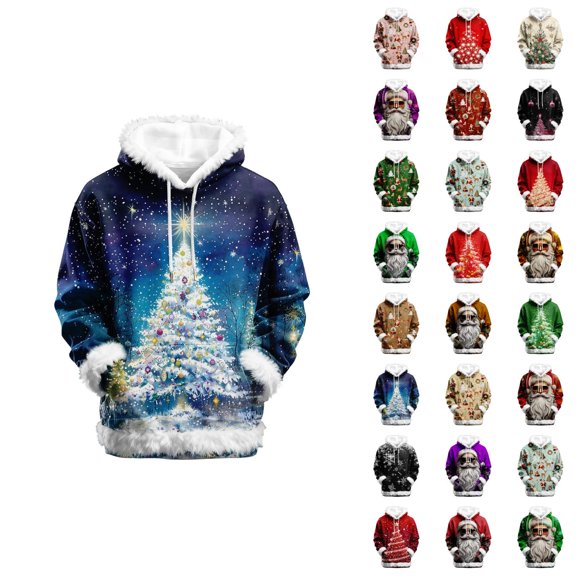 Christmas Hoodie for Women 2025 Long Sleeve Fur Trim Xmas Holiday Graphic Hooded Sweatshirt with Pockets Pullover Top