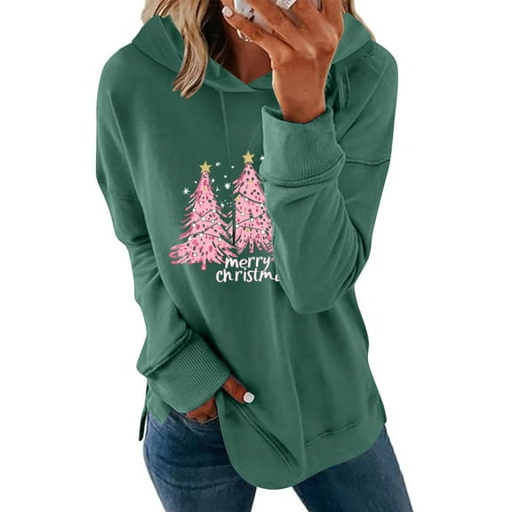 Christmas Hoodie for Women Long Sleeve Graphic Print Holiday Pullover Shirts with Pocket Green 2XL